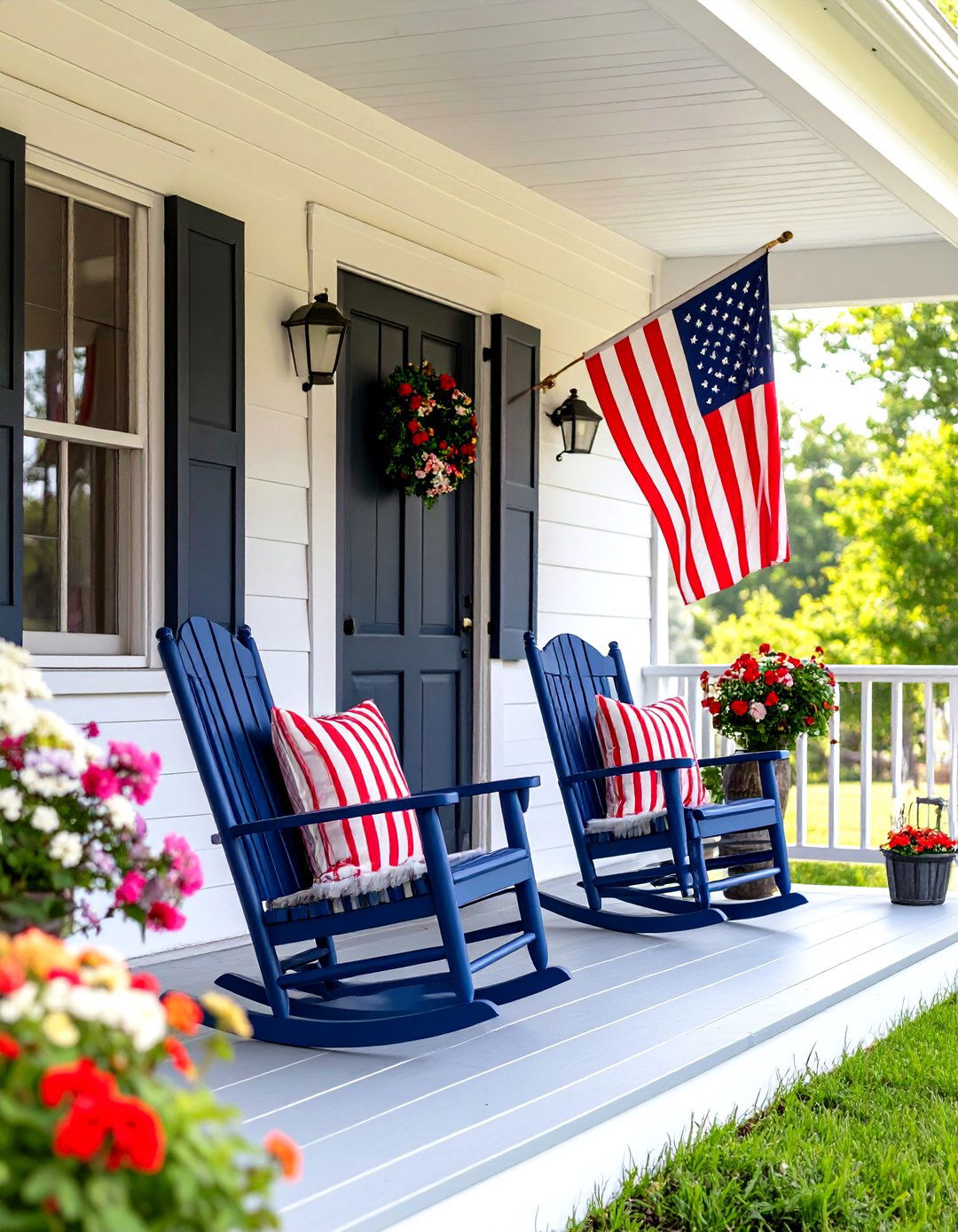 The Porch Garden with Hanging Baskets - 30 farmhouse front porch ideas