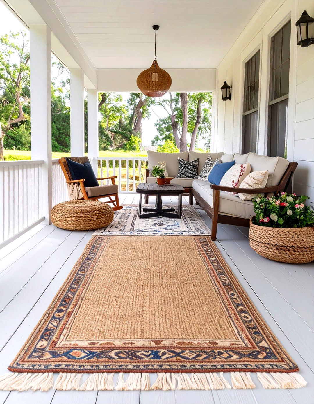 The Porch with Layered Outdoor Rugs - 30 country farmhouse porch ideas