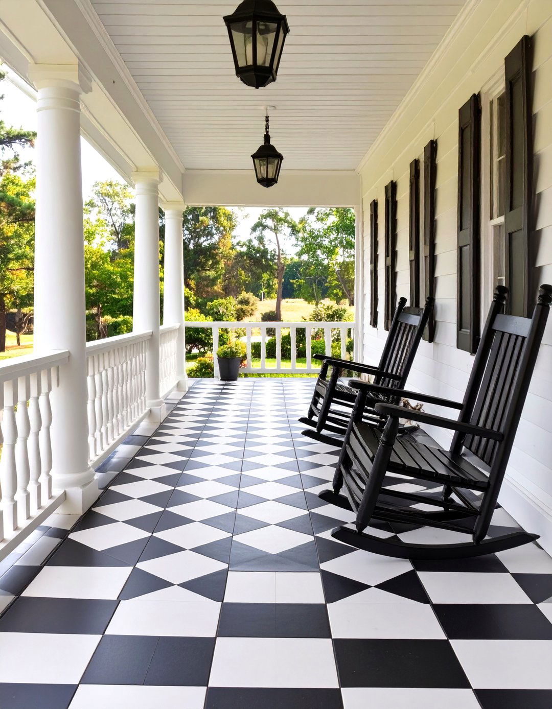 The Porch with a Checkerboard Floor - 30 country farmhouse porch ideas