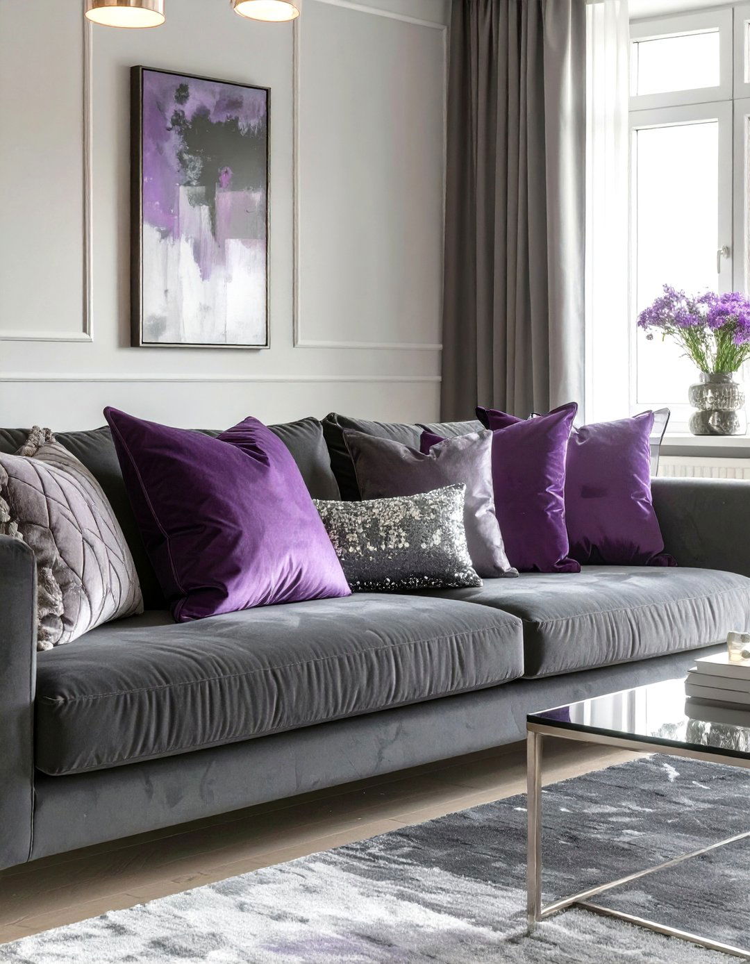 The Purple and Gray Living Room - 30 dark gray couch living room ideas