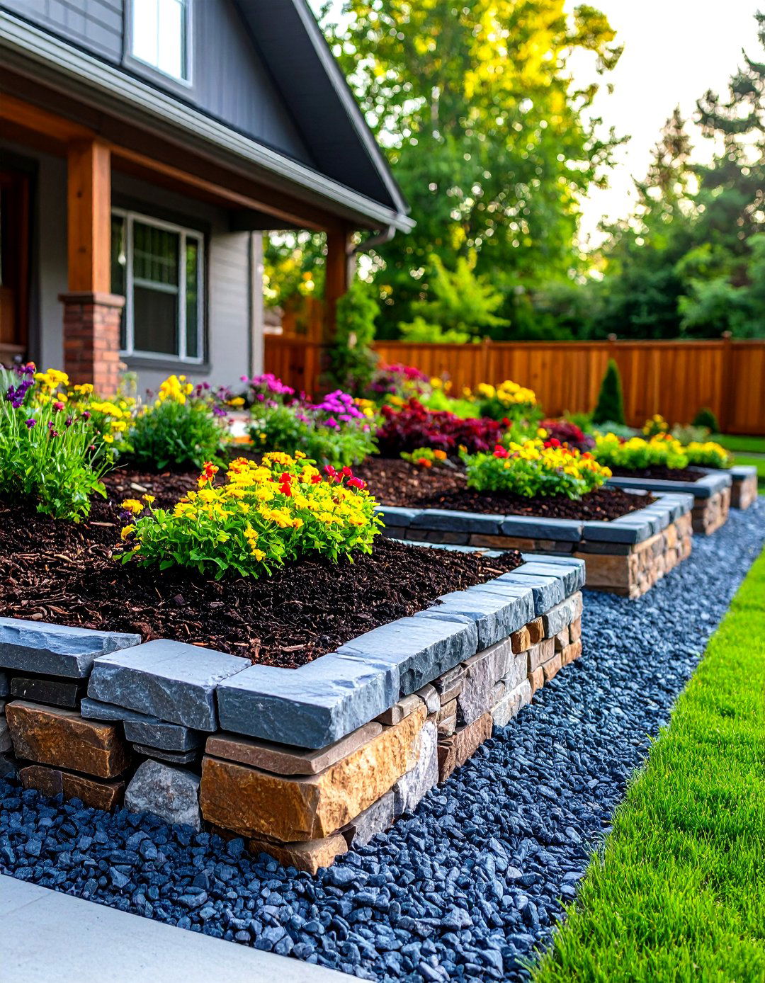 The Raised Bed with Rock Borders - 30 front yard landscaping ideas with rocks and mulch