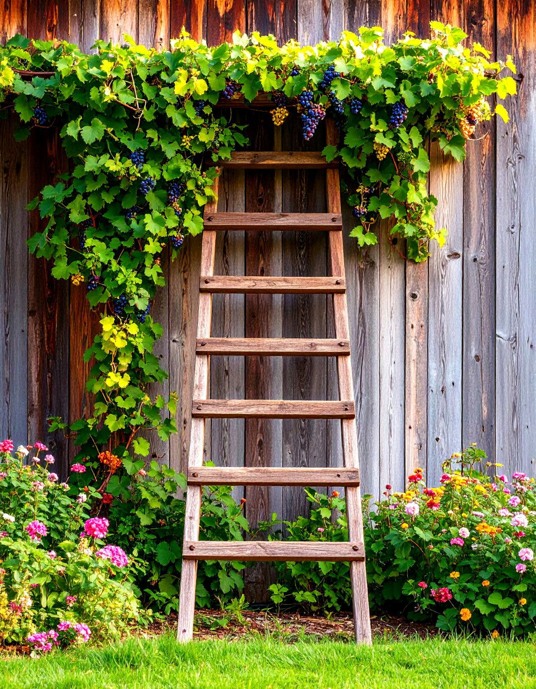 The Reclaimed Ladder Vertical Trellis - 30 easy backyard grape vine trellis designs