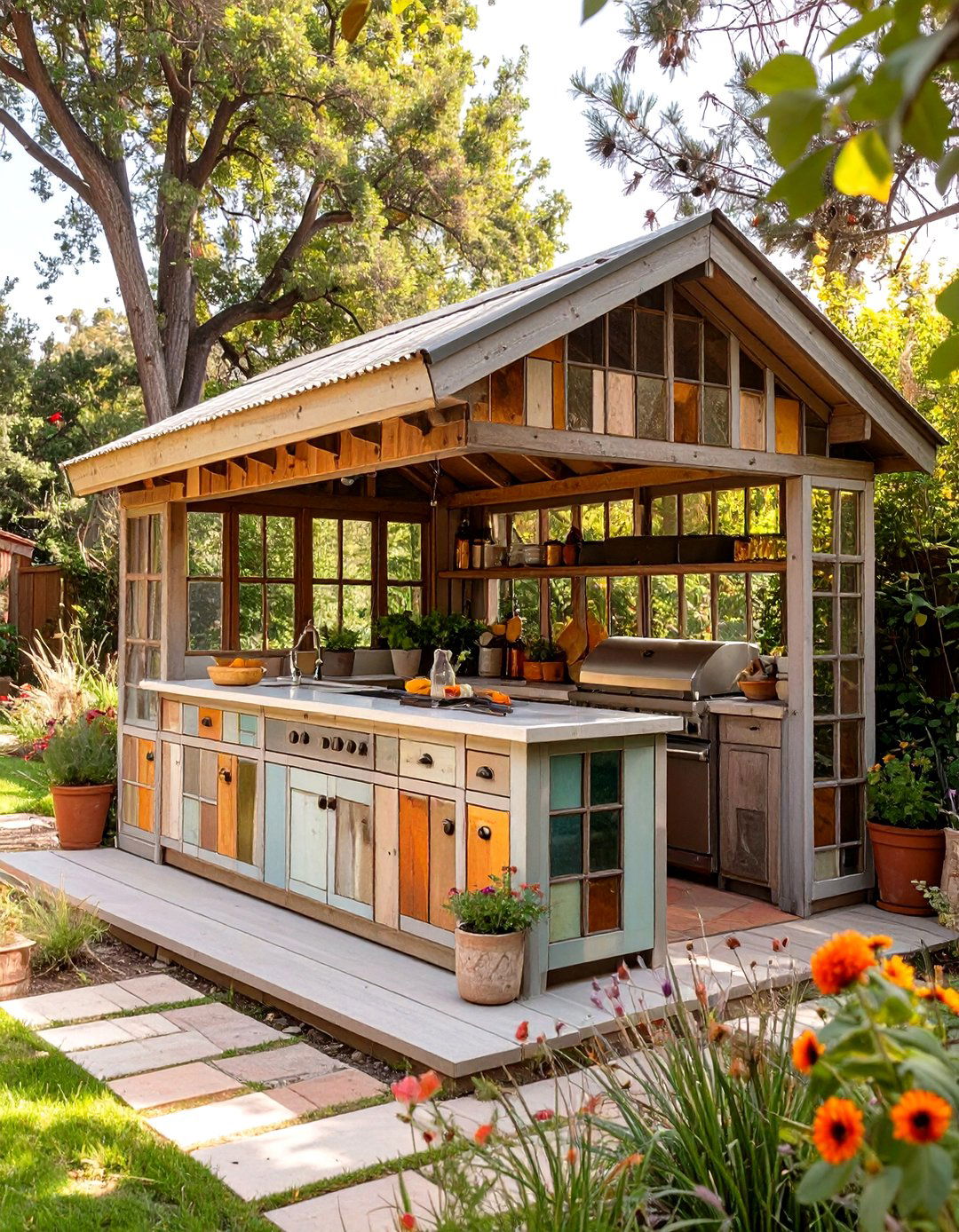 The Reclaimed Window Wall Shelter - 30 inexpensive covered outdoor kitchen ideas