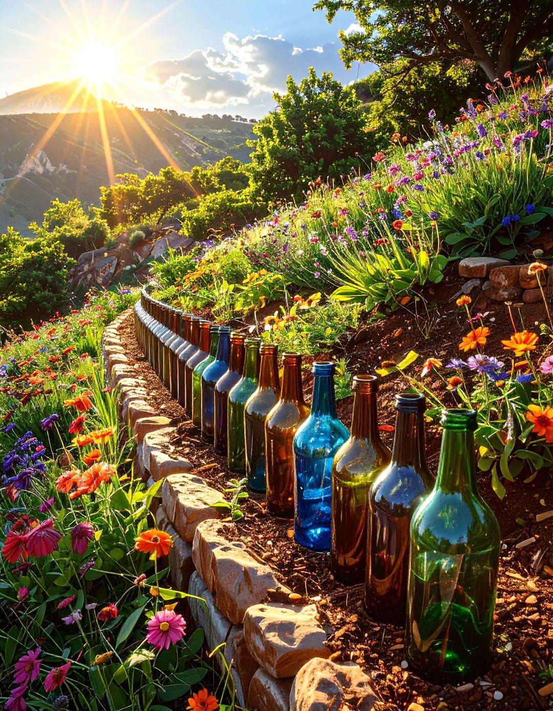 The Recycled Bottle Edging - 30 hillside landscaping ideas on a budget