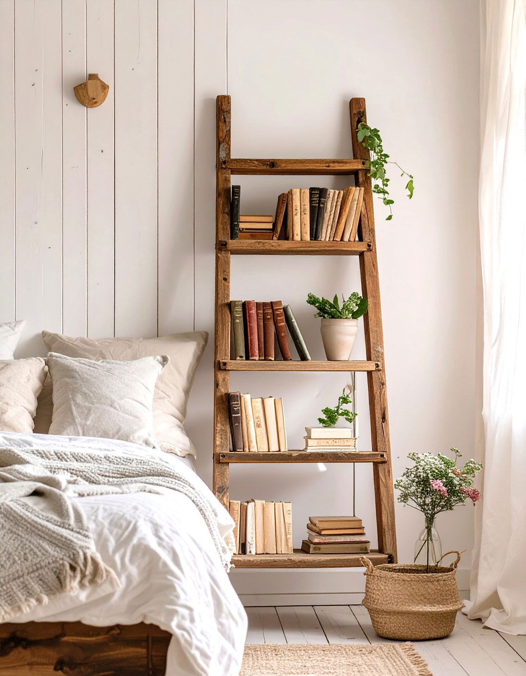 The Repurposed Antique Ladder Bedroom Bookshelf - 30 bedroom bookshelf ideas