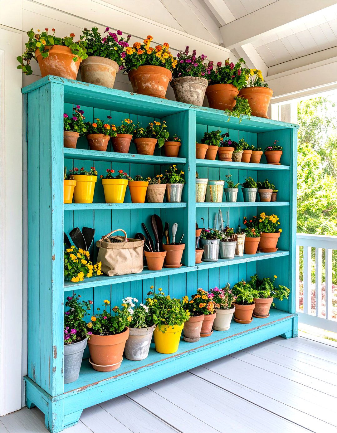 The Repurposed Bookshelf Potting Station - 30 garden tool storage ideas