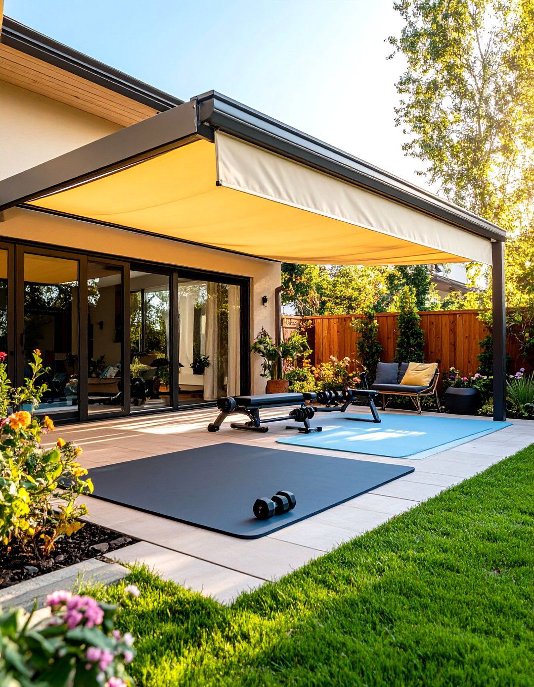 The Retractable Awning Workout Space - 30 backyard gym ideas