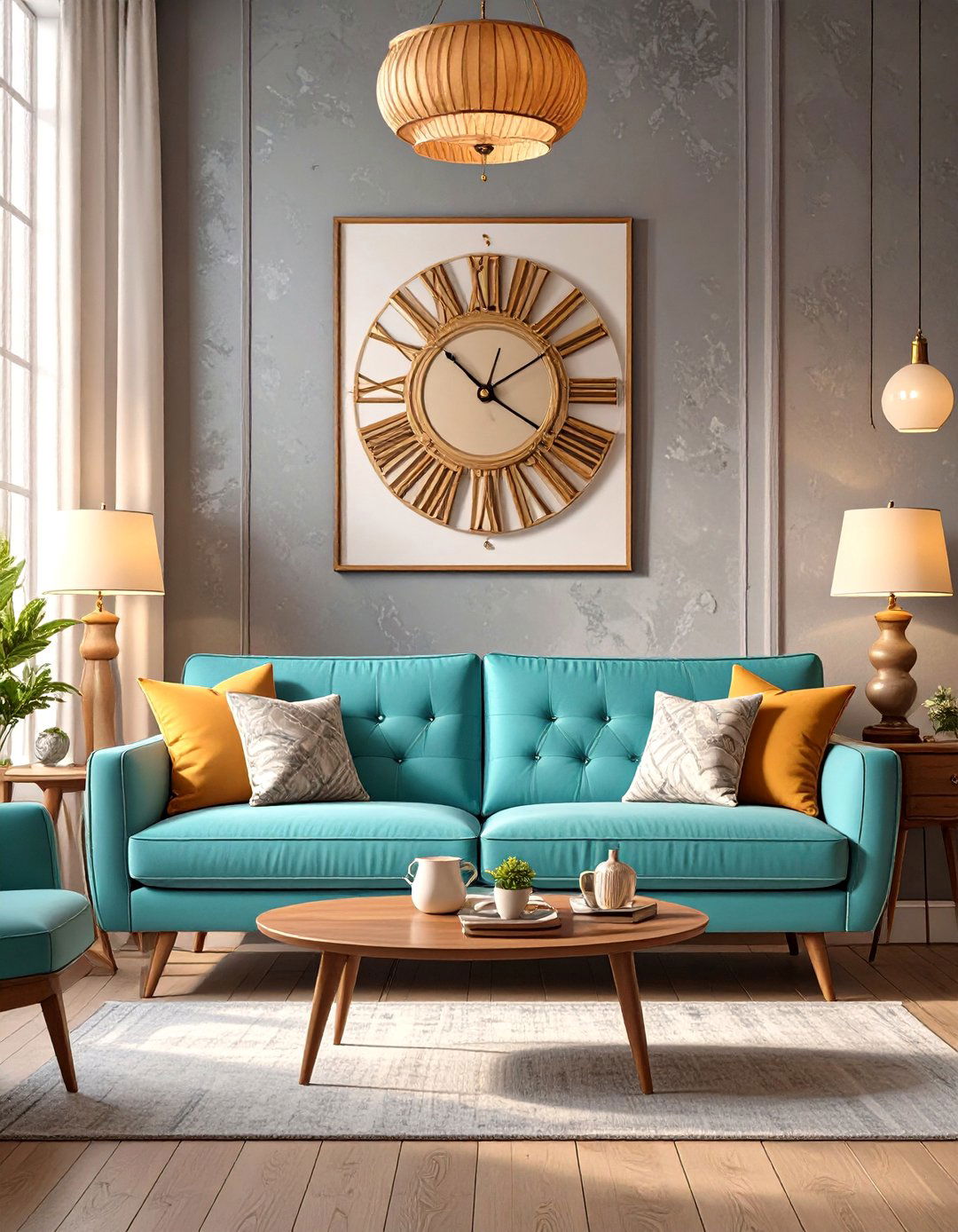 The Retro Turquoise and Gunmetal Grey Living Room - 30 blue and grey living room ideas