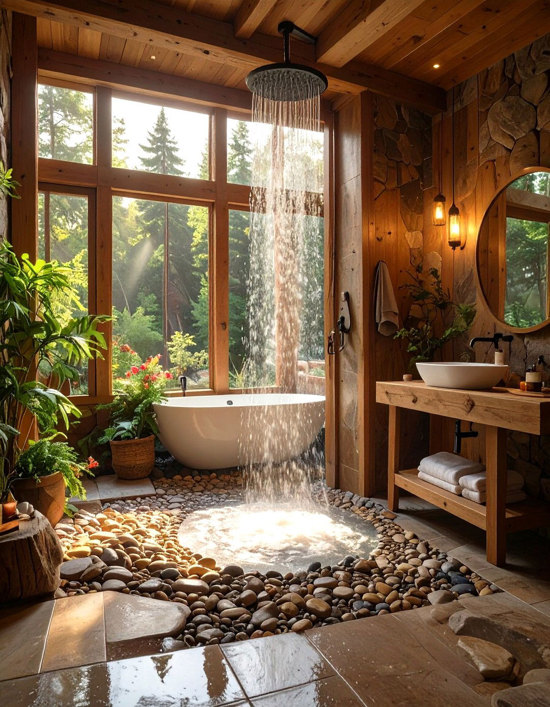 The River Rock Shower Floor Bathroom - 30 cabin bathroom ideas