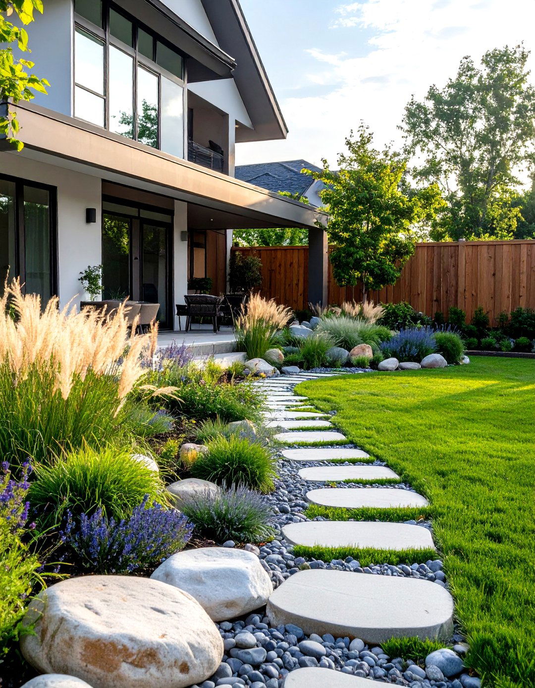 The River Rock and Grasses Garden - 30 front yard landscaping ideas modern rock garden ideas