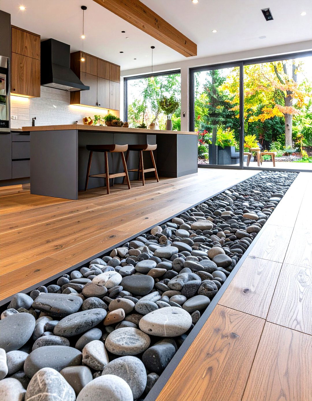 The River of Pebbles Transition - 30 kitchen tile to wood floor transition ideas