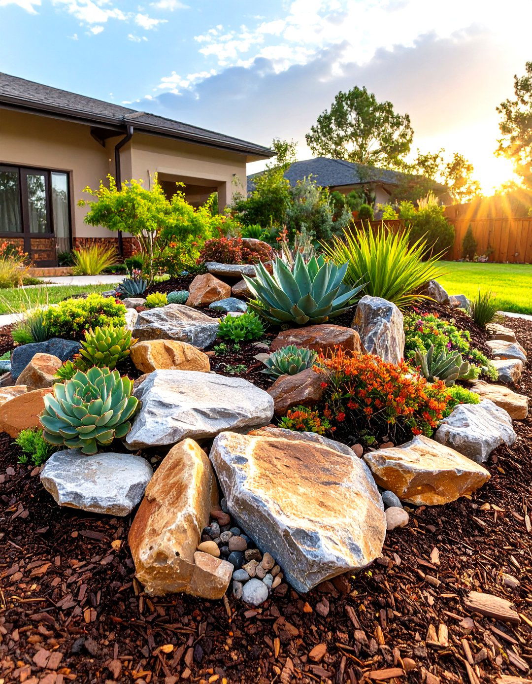 The Rock Garden Island in a Sea of Mulch - 30 low maintenance front yard landscaping ideas with rocks and mulch