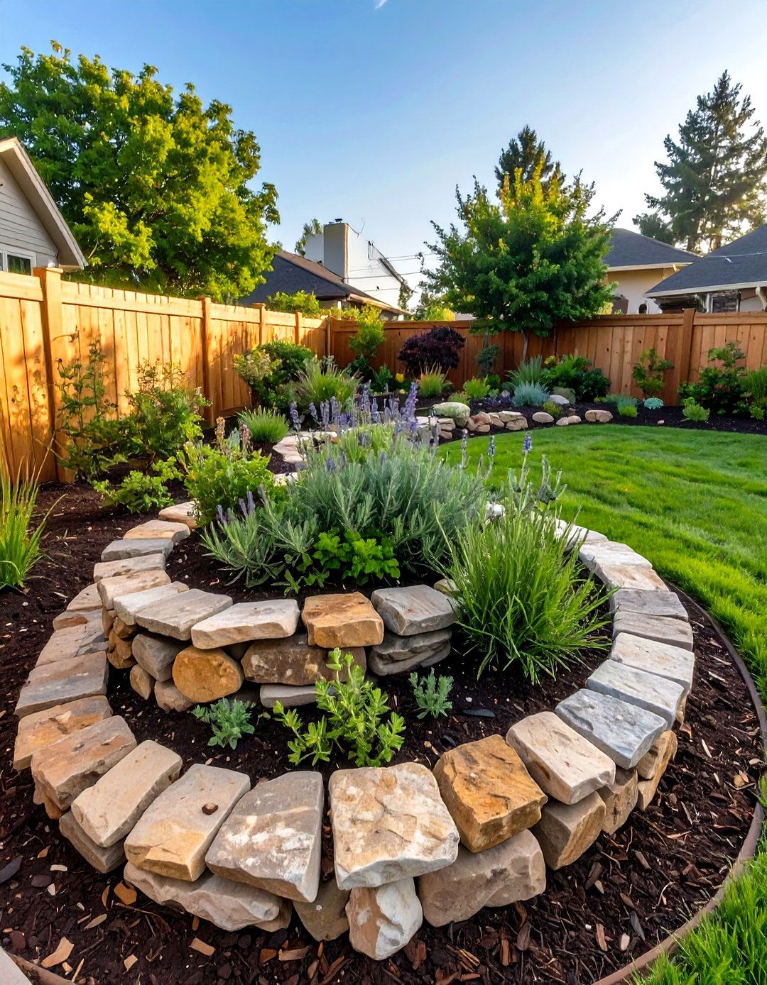 The Rock Spiral Herb Garden - 30 low maintenance front yard landscaping ideas with rocks and mulch
