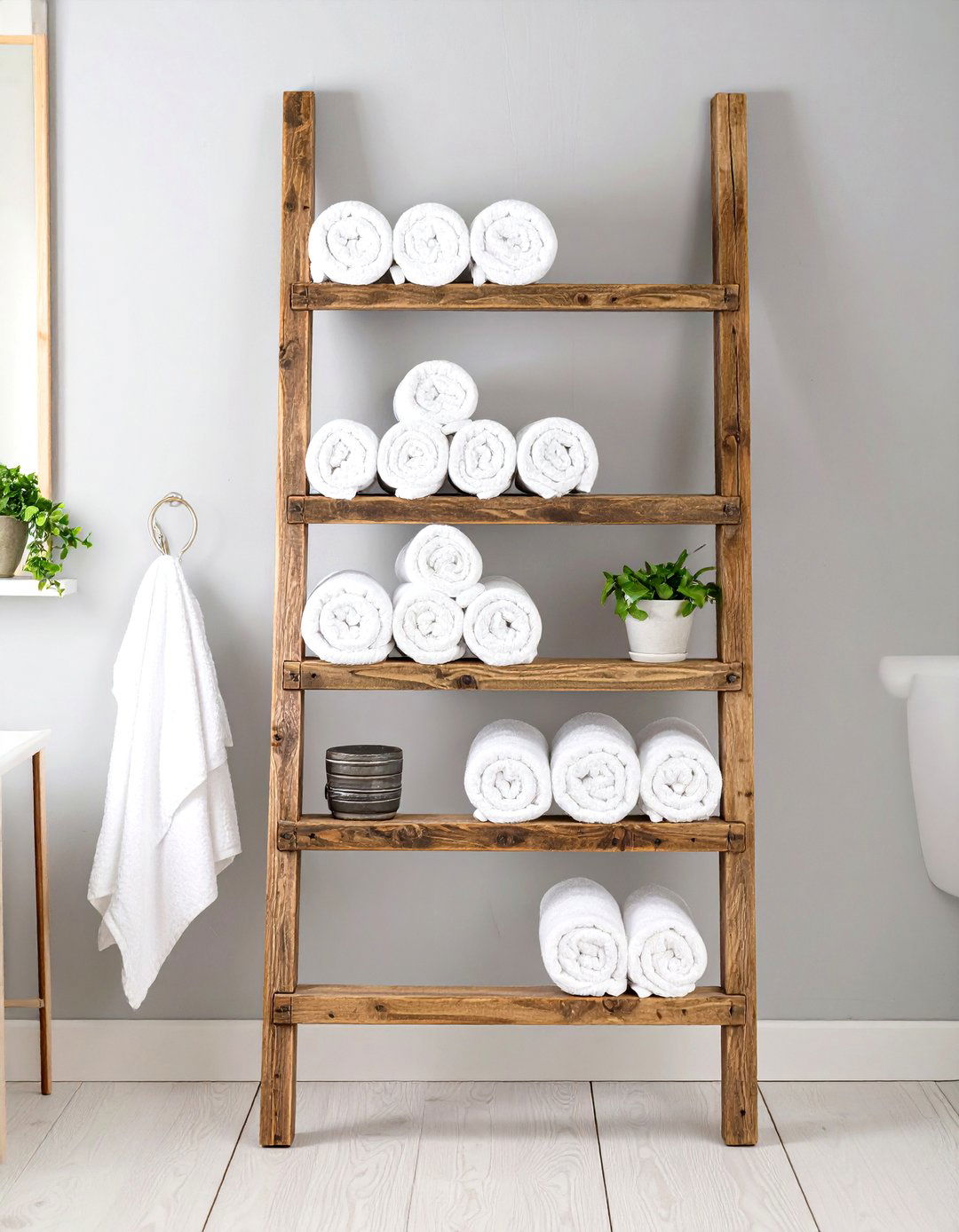 The Rolled Towel Ladder Display - 30 bathroom towel ideas