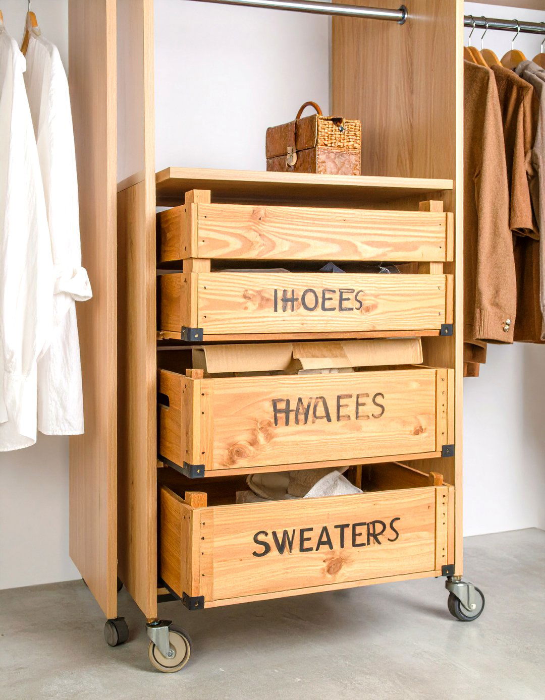 The Rolling Crate Storage - 30 diy closet organizer ideas