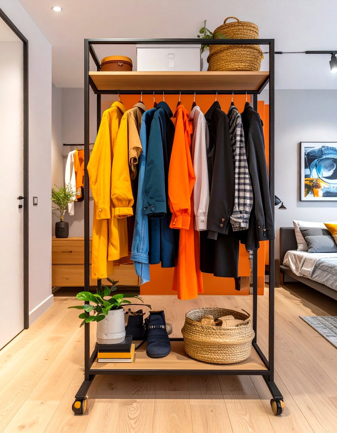 The Rolling Garment Rack Room Divider - 30 closet ideas for small spaces