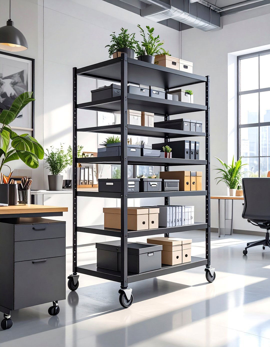 The Rolling Industrial Cart - 30 office shelving ideas