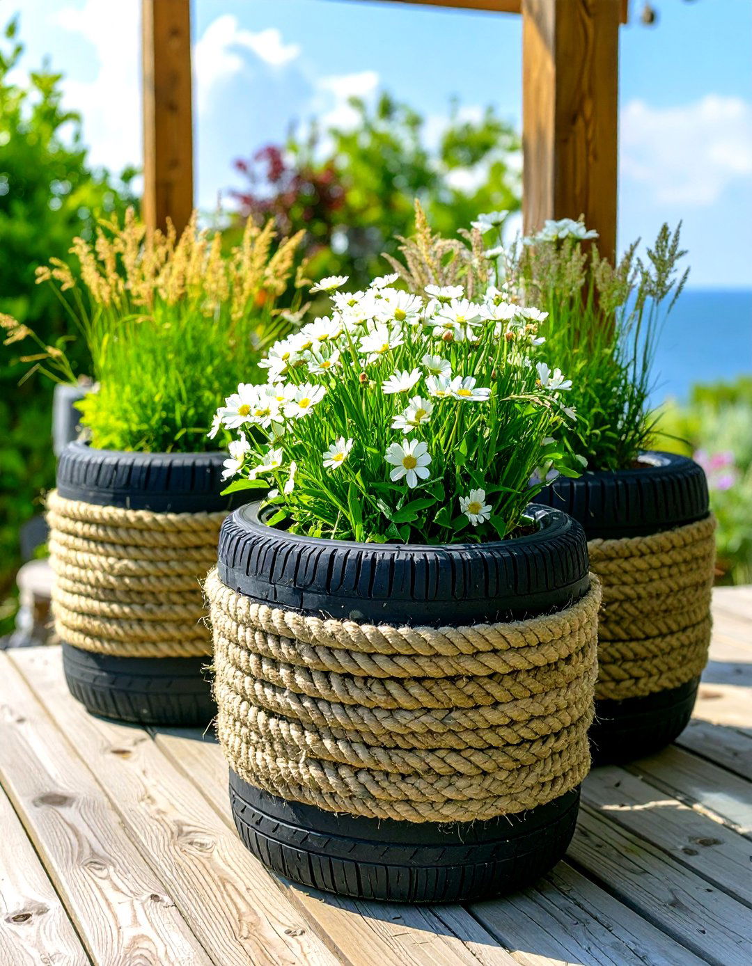 The Rope Wrapped Nautical Tyre Garden - 30 creative landscape tyre garden designs