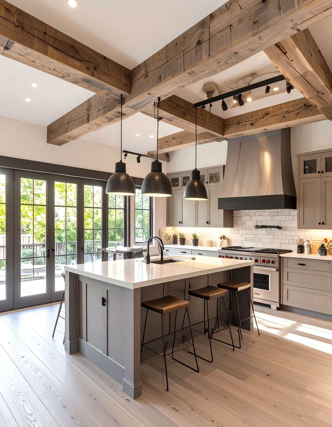The Rustic Beam and Modern Lighting Kitchen - 30 ai modern farmhouse kitchen ideas