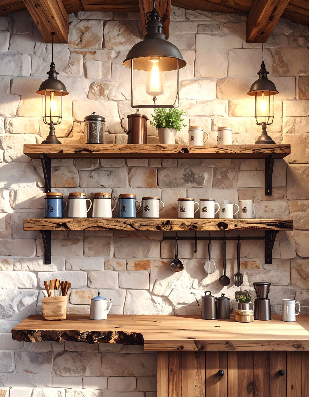 The Rustic Cabin Kitchen Coffee Shelf - 30 coffee bar ideas for kitchen