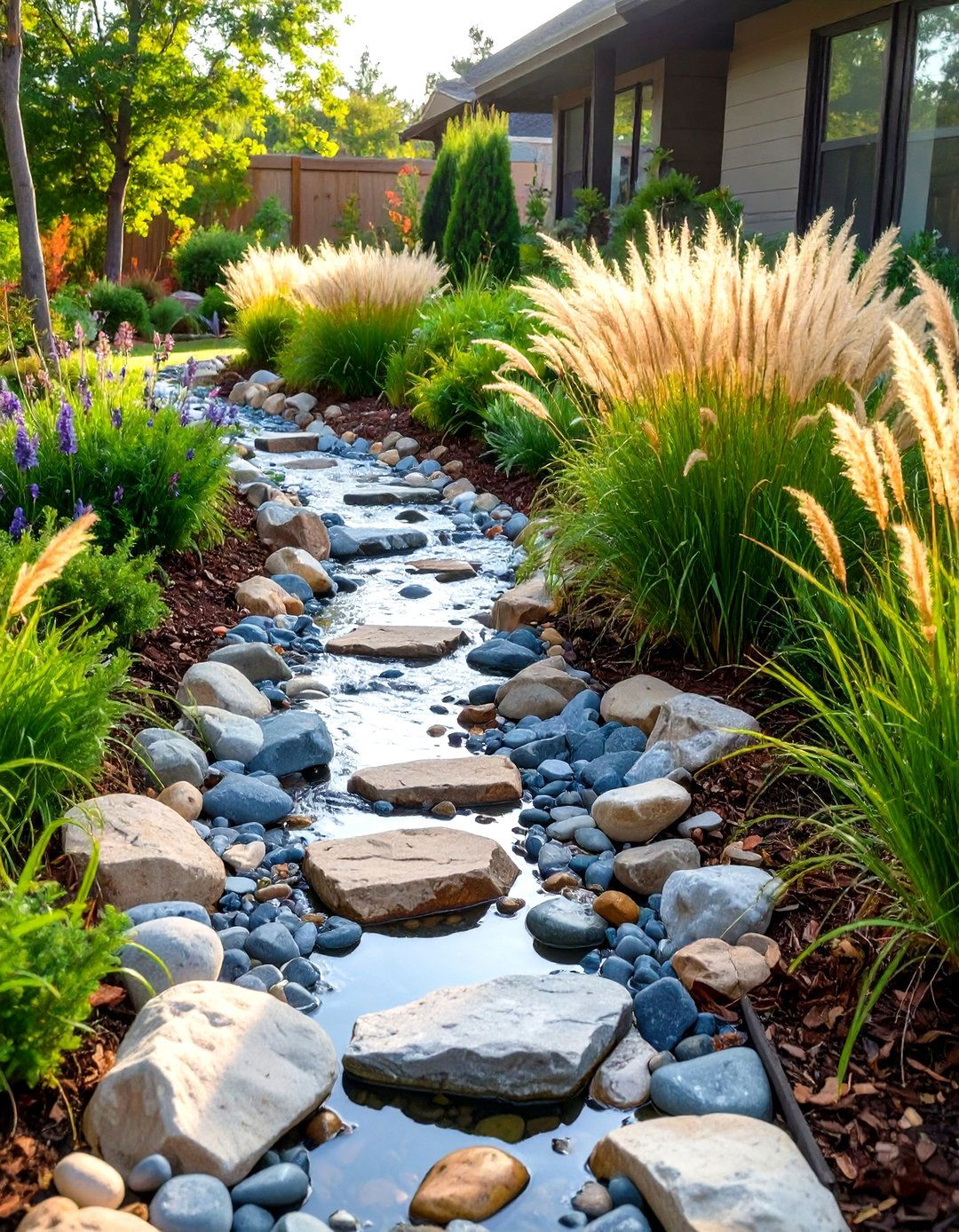The Rustic Charm of a Dry Creek Bed - 30 low maintenance front yard landscaping ideas with rocks and mulch