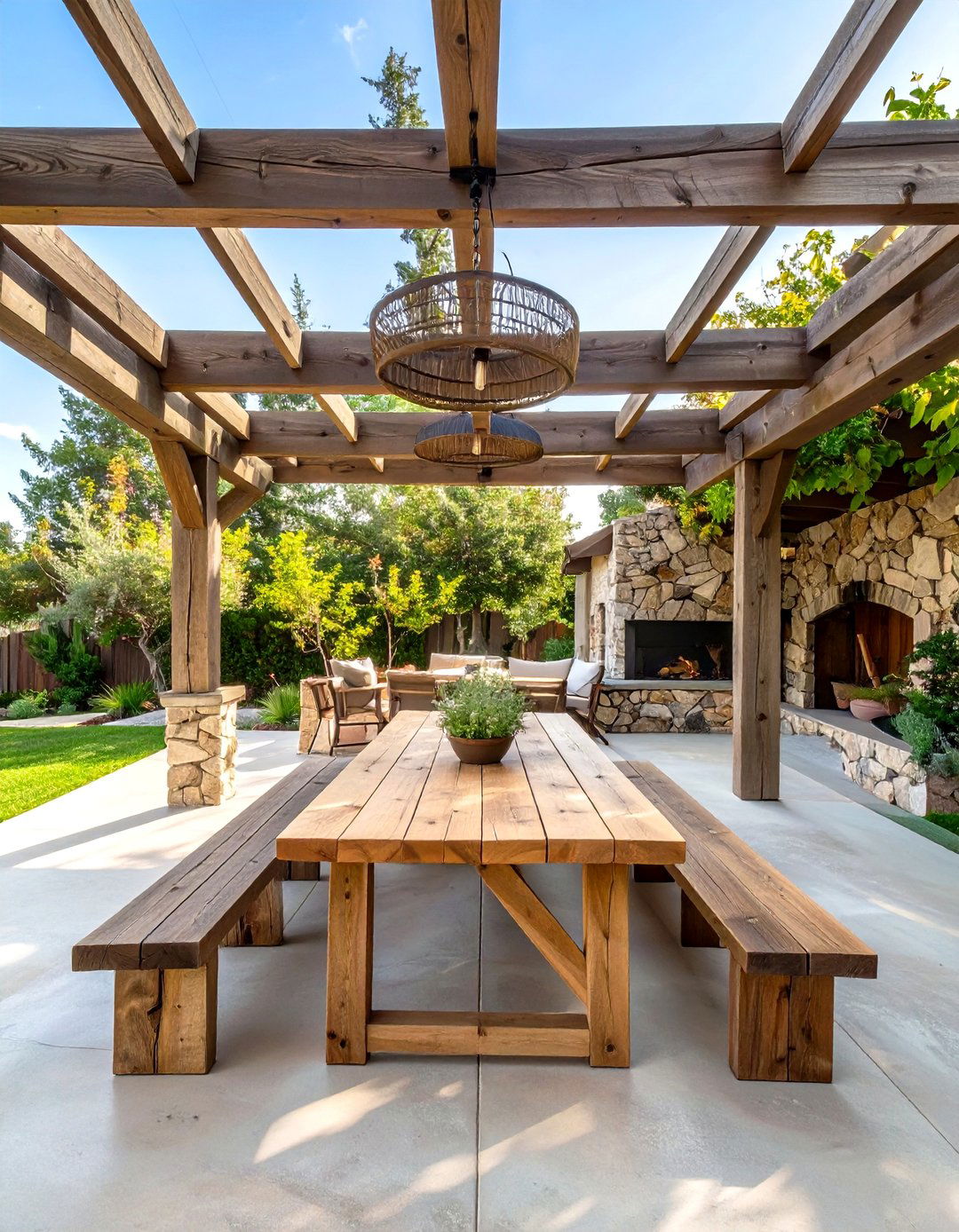 The Rustic Concrete Patio with a Wooden Pergola - 30 concrete patio extension ideas