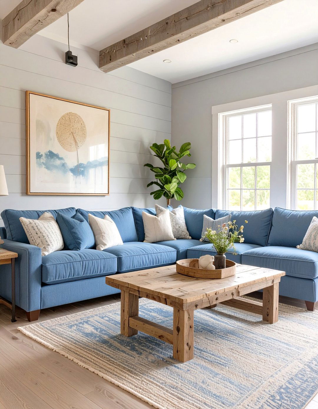 The Rustic Farmhouse Stone Grey and Dusty Blue Living Room - 30 blue and grey living room ideas