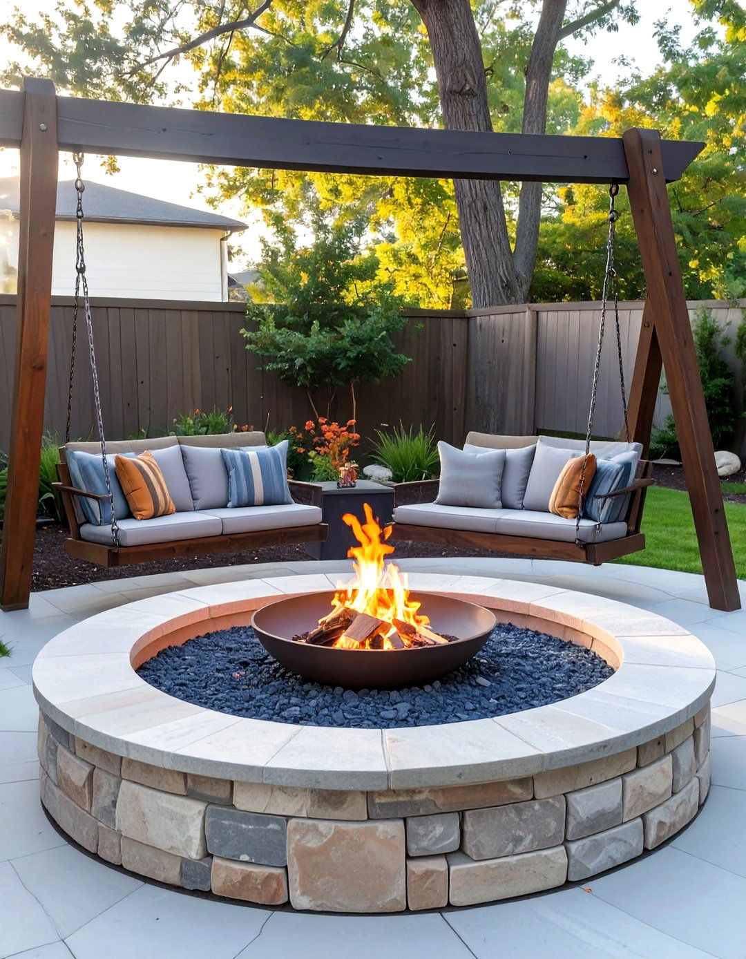 The Rustic Fire Pit with Swing Seating - 30 country backyard rustic fire pit ideas