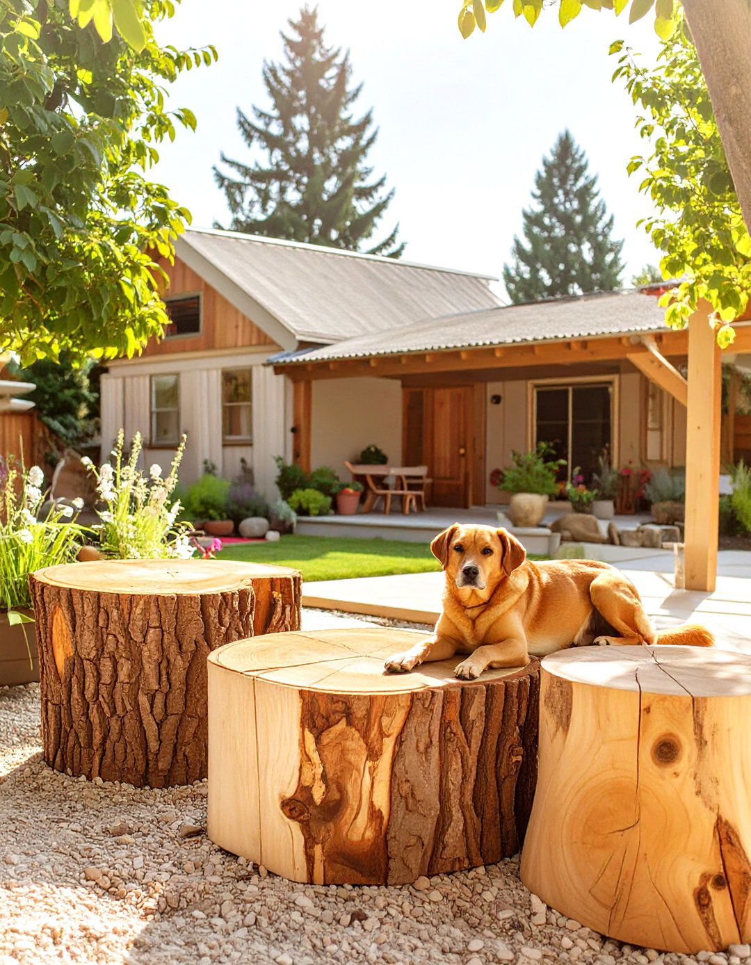 The Rustic Log Lounging Area - 30 dog friendly backyard ideas on a budget