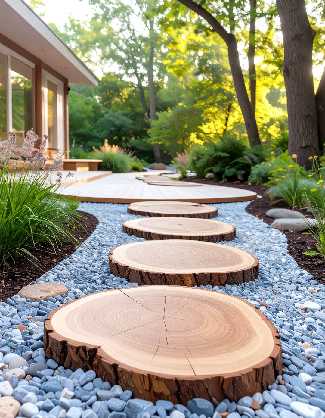 The Rustic Log Slice Floating Deck - 30 low budget floating deck ideas