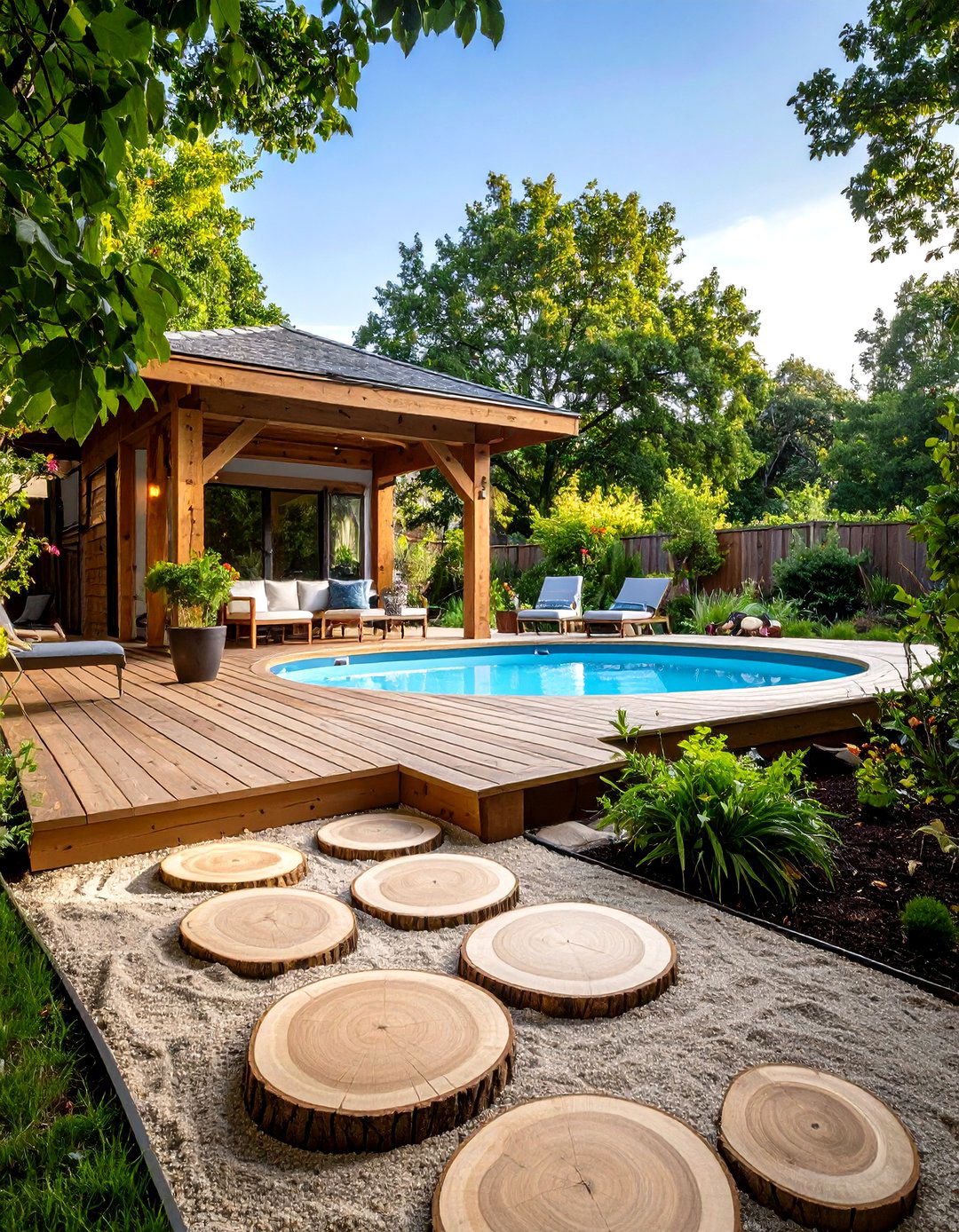 The Rustic Log Slice Pathway Deck - 30 diy above ground pool deck ideas on a budget