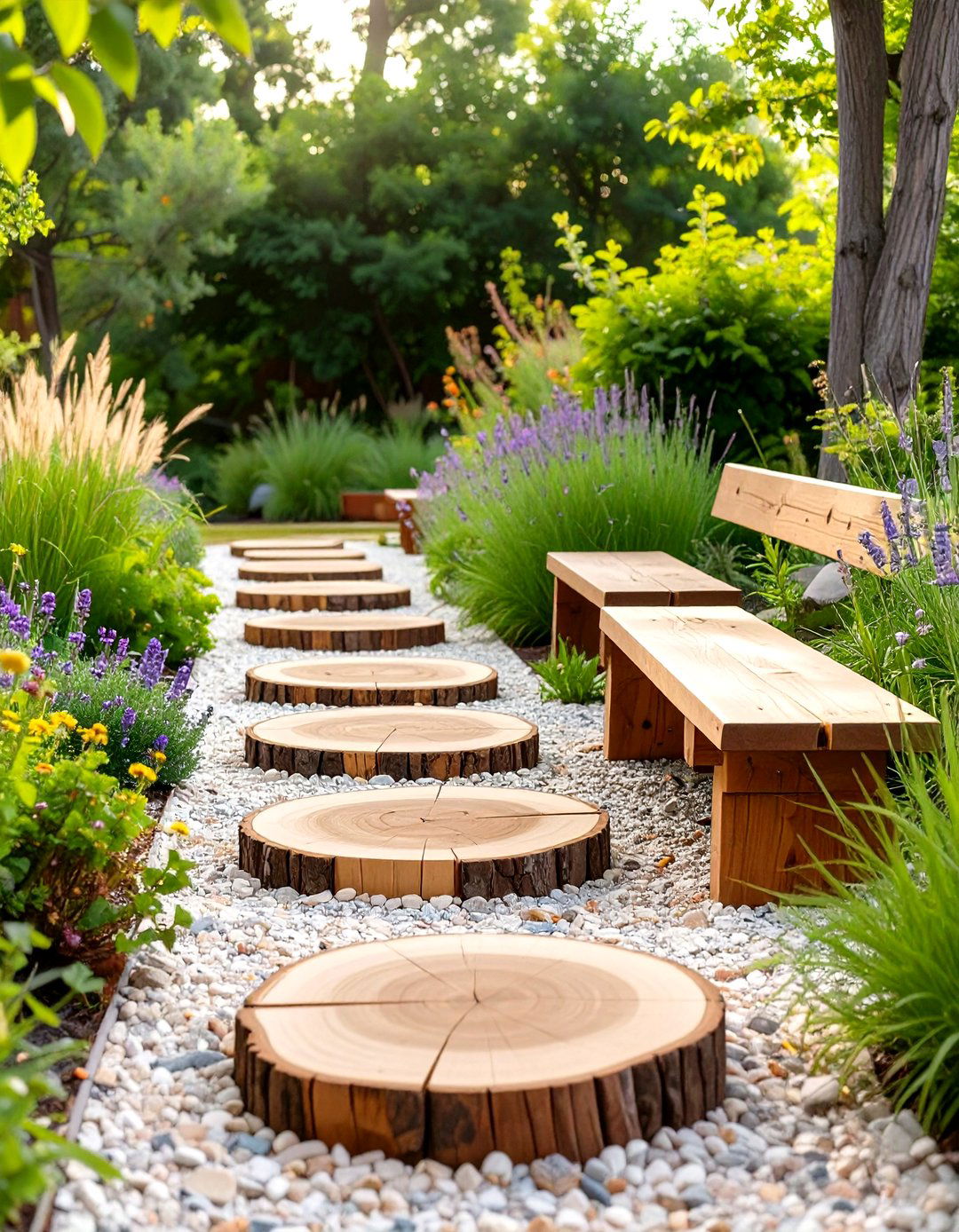 The Rustic Log Slice Pathway Deck - 30 cheap deck ideas