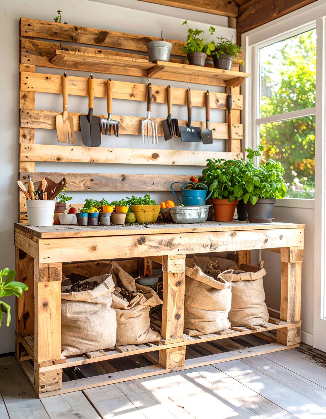 The Rustic Pallet Potting Bench - 30 homemade pallet garden designs