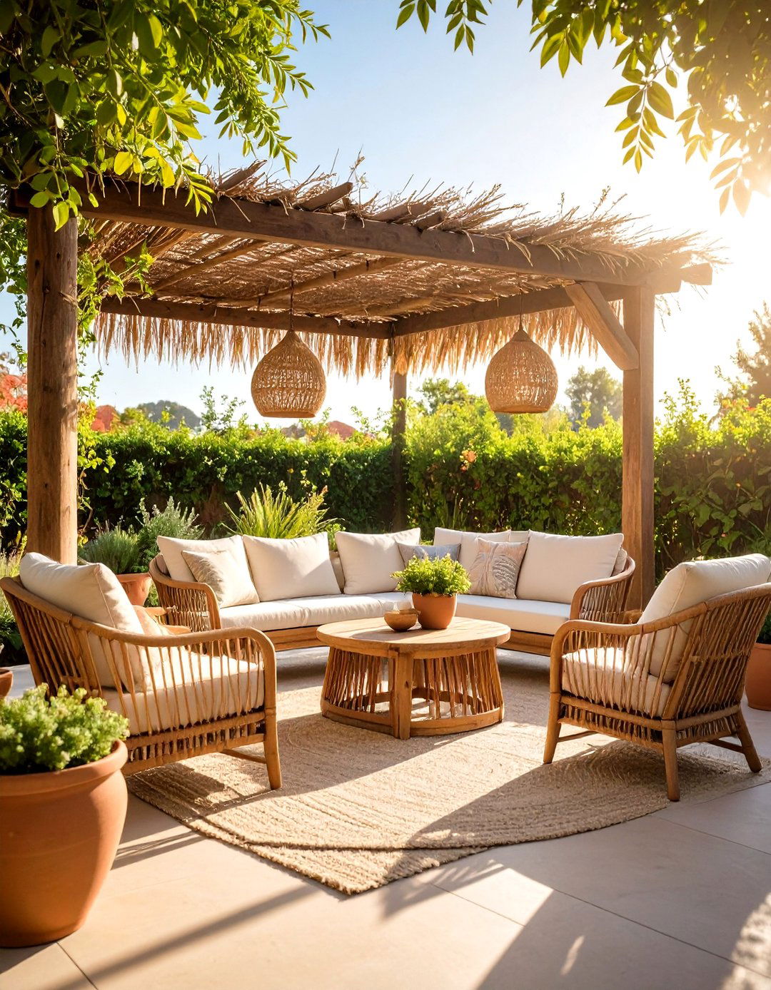 The Rustic Pergola with Woven Reeds - 30 inexpensive patio shade ideas