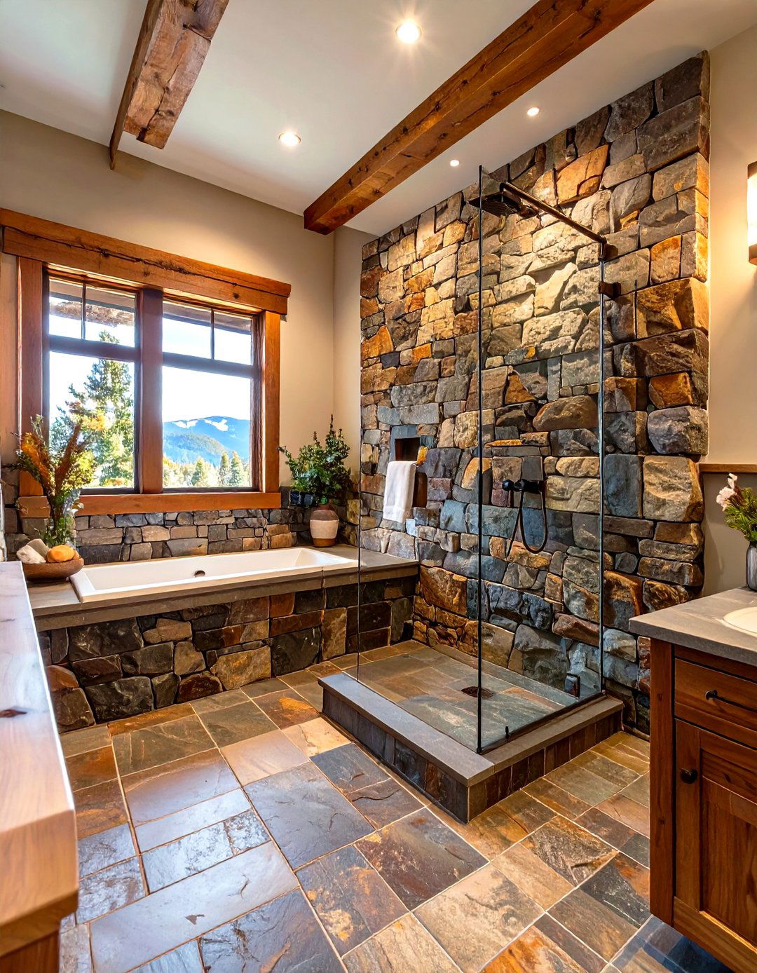 The Rustic Stone Curbless Shower - 30 curbless shower ideas