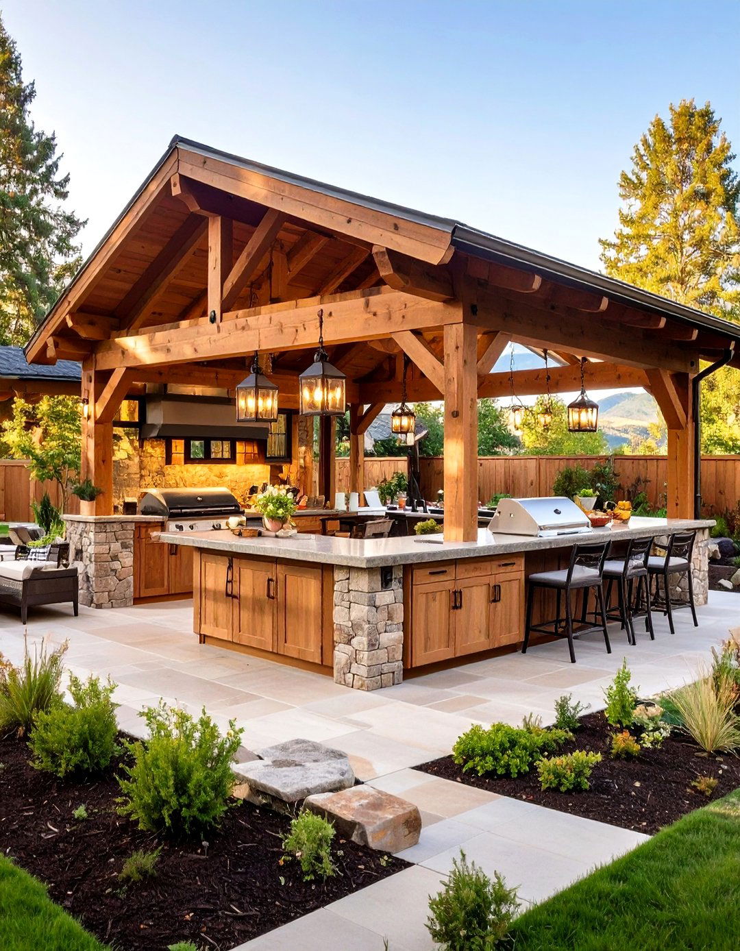 The Rustic Timber Frame Pavilion Kitchen - 30 backyard covered outdoor kitchen ideas