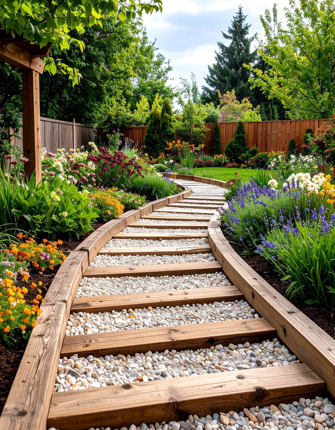 The Rustic Timber and Gravel Path - 30 backyard hardscape ideas
