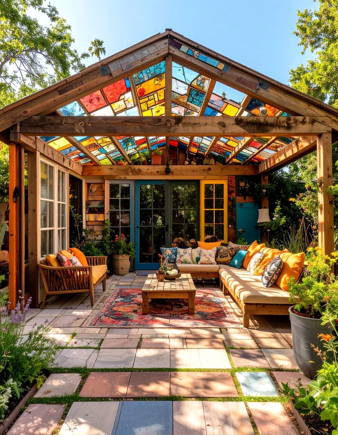 The Salvaged Door and Window Roof - 30 inexpensive covered patio ideas