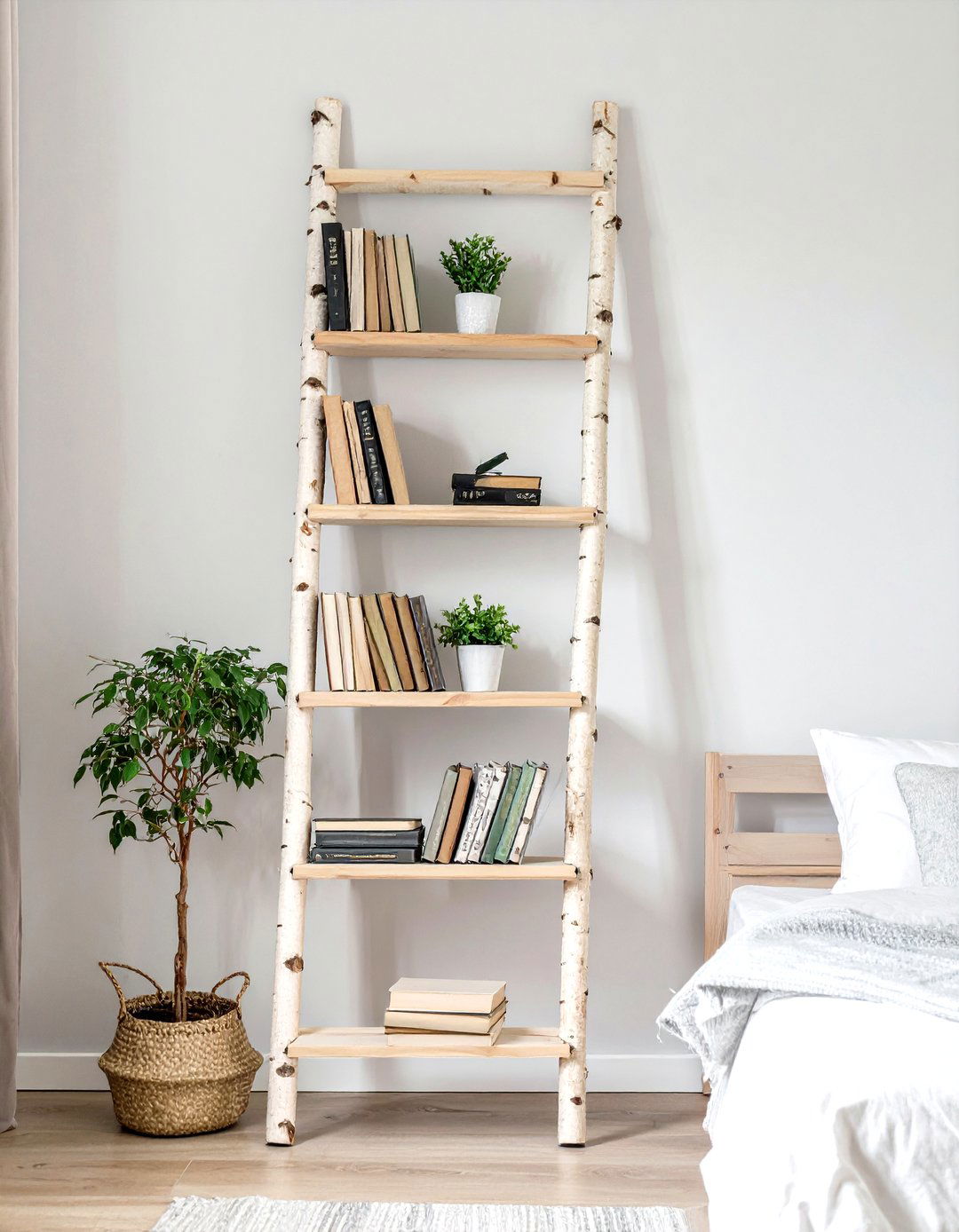 The Scandinavian Inspired Bedroom Ladder Shelf - 30 bedroom bookshelf ideas