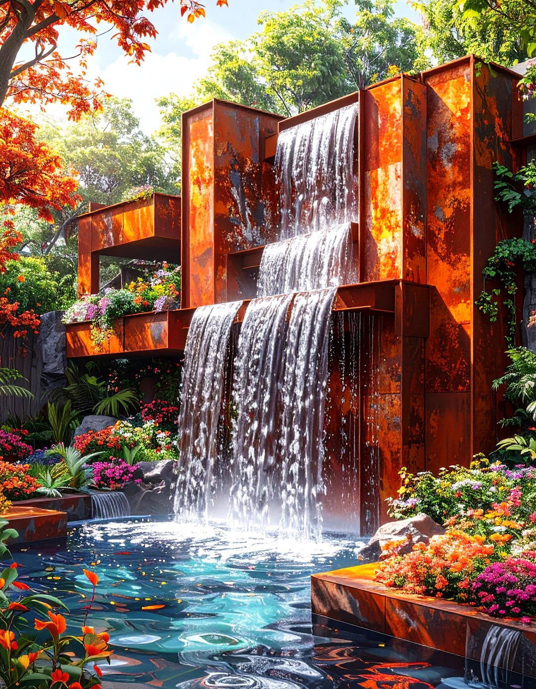The Sculptural Metal Waterfall - 30 ai waterfall garden ideas