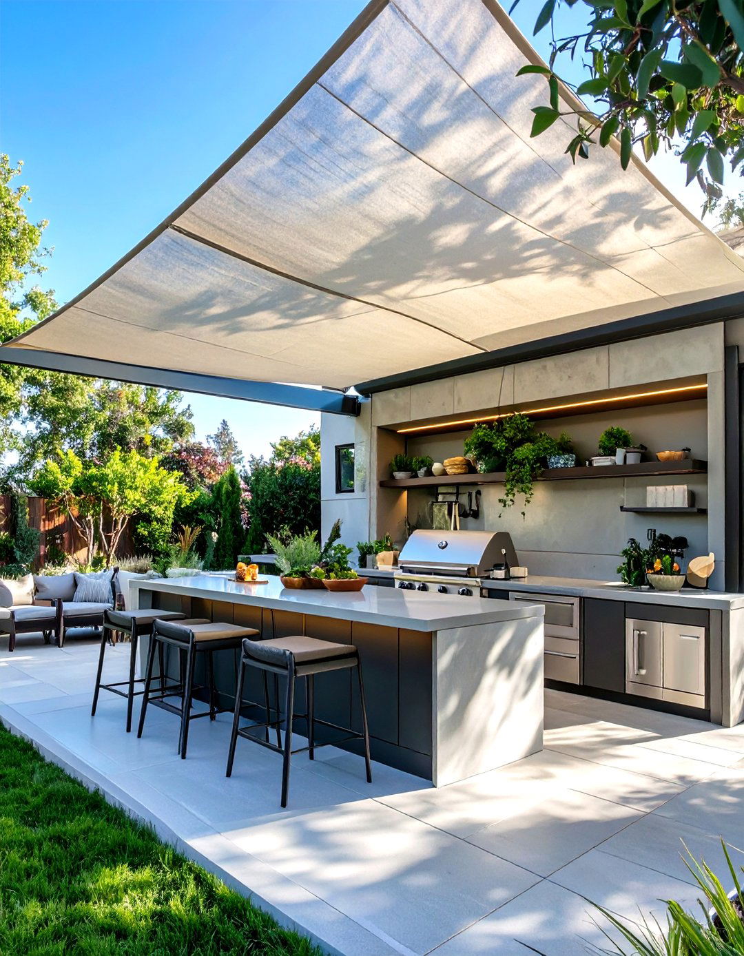 The Shade Sail and Shelf System - 30 inexpensive covered outdoor kitchen ideas