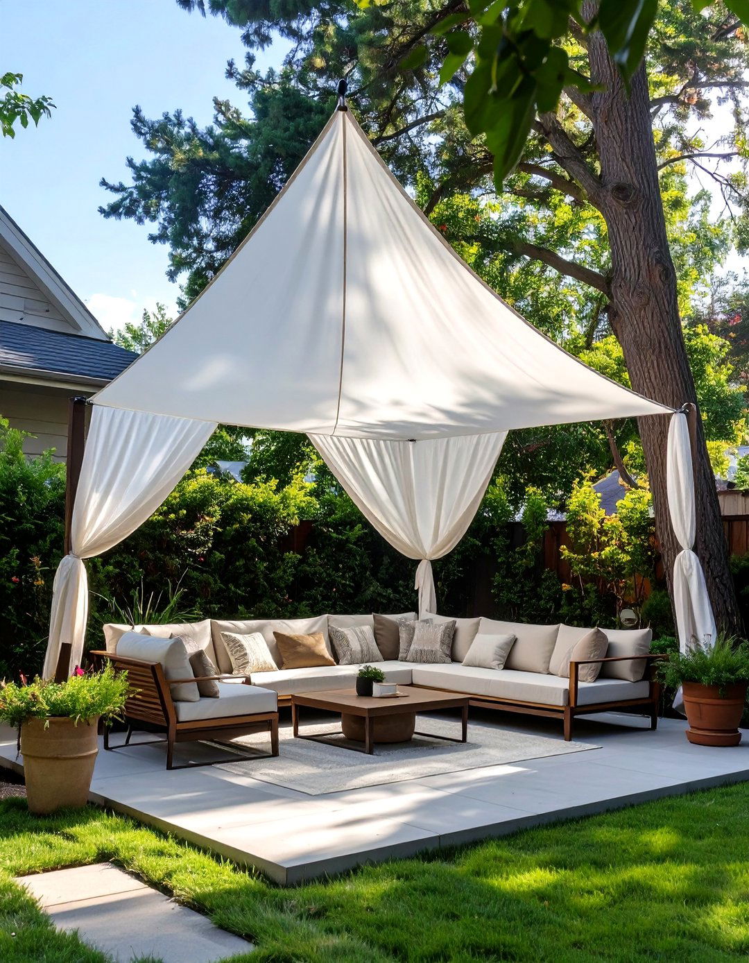 The Shaded Sail Seating Area - 30 budget small backyard ideas