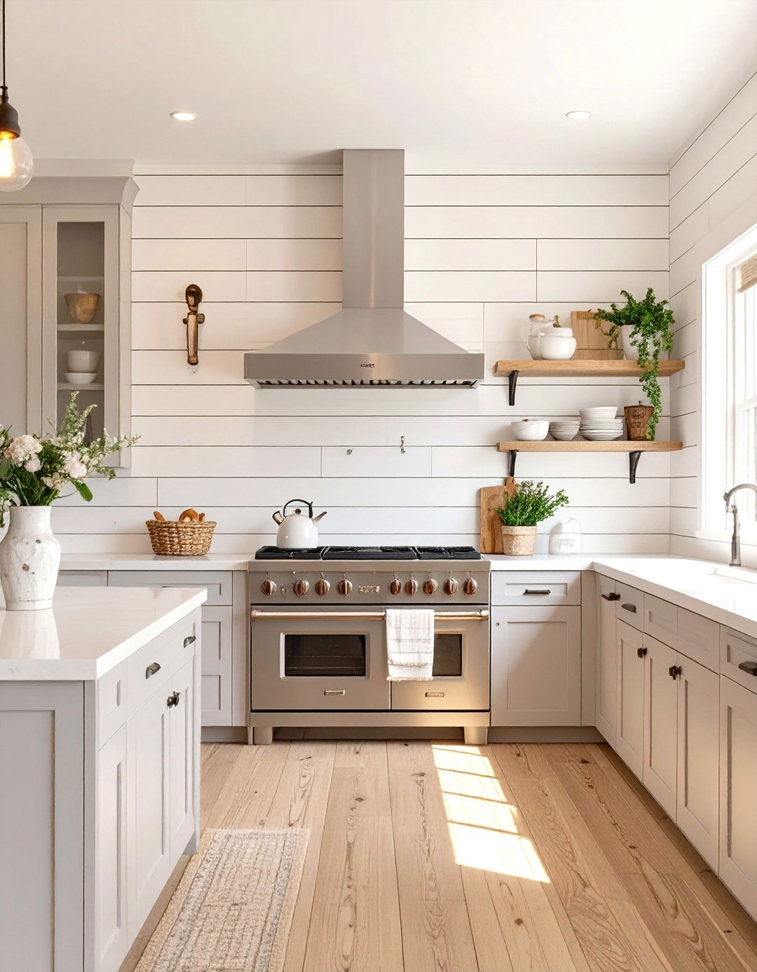 The Shiplap Accent Wall Kitchen - 30 modern farmhouse kitchen ideas
