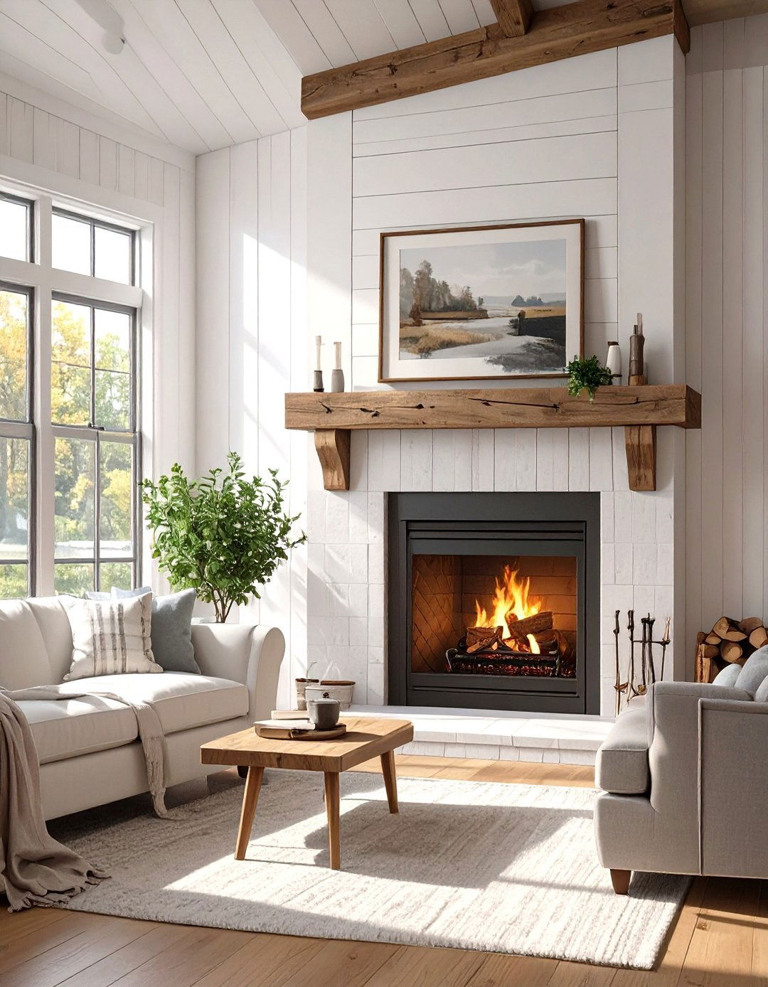 The Shiplap Wrapped Fireplace - 30 modern farmhouse interior design ideas