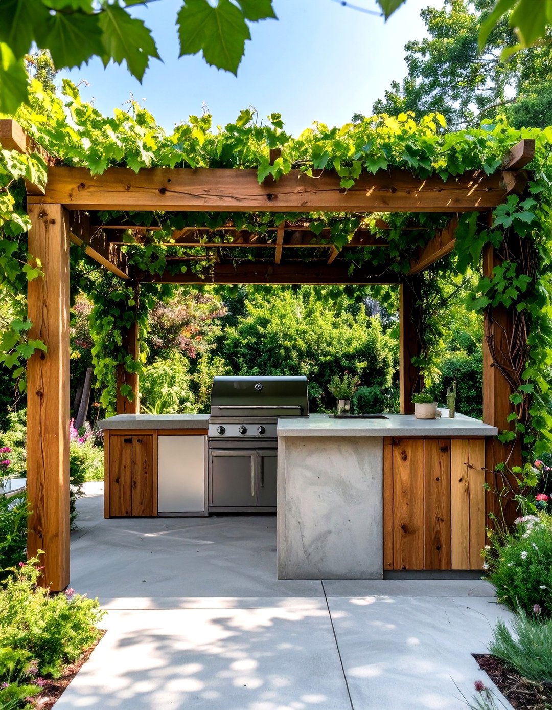 The Simple Pergola with Vine Canopy - 30 inexpensive covered outdoor kitchen ideas