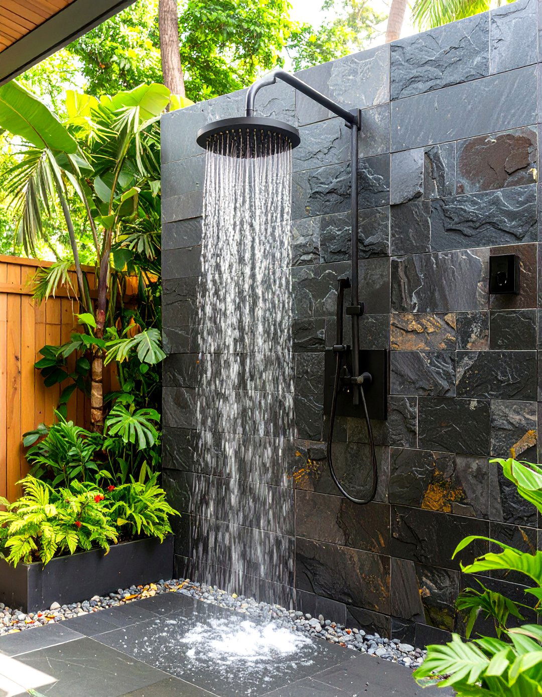 The Slate Tile Wall with Rainfall Shower - 30 backyard outdoor shower ideas