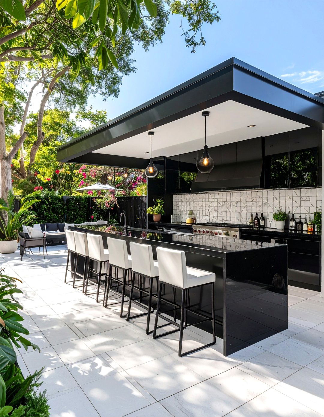 The Sleek Black and White Bar - 30 backyard bar ideas
