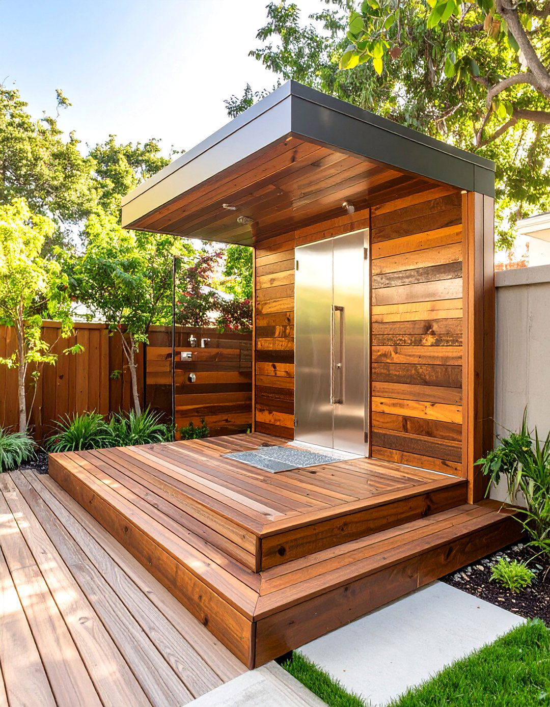 The Sleek Ipe Wood Platform - 30 backyard outdoor shower ideas