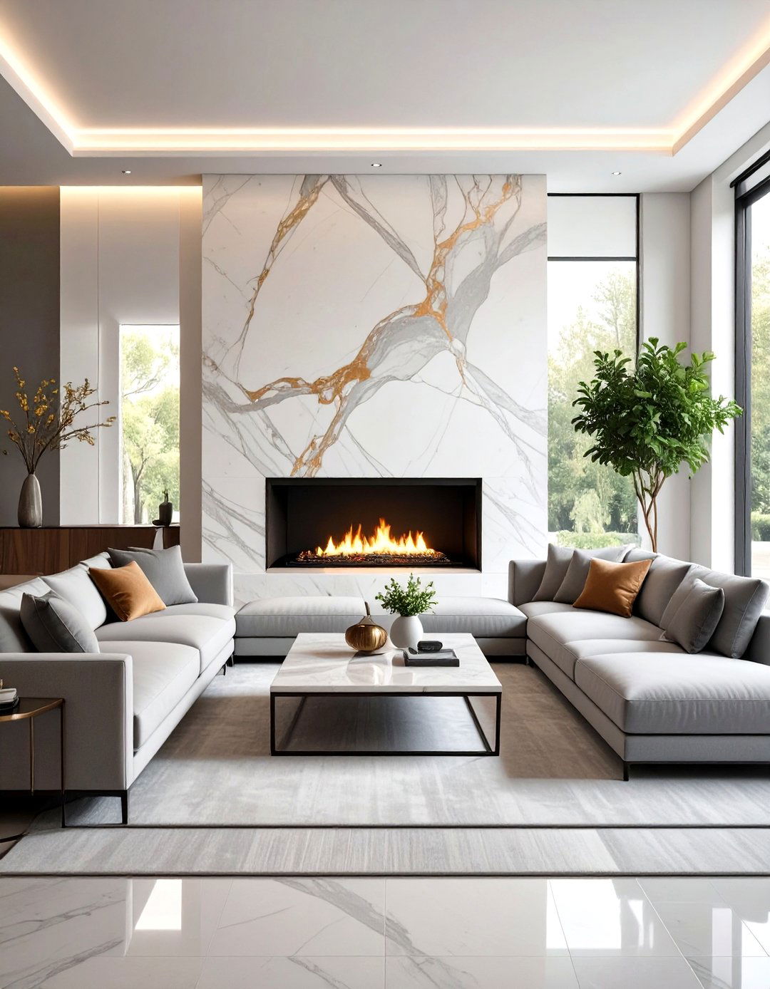 The Sleek Modern Marble Fireplace - 30 living room with fireplace ideas
