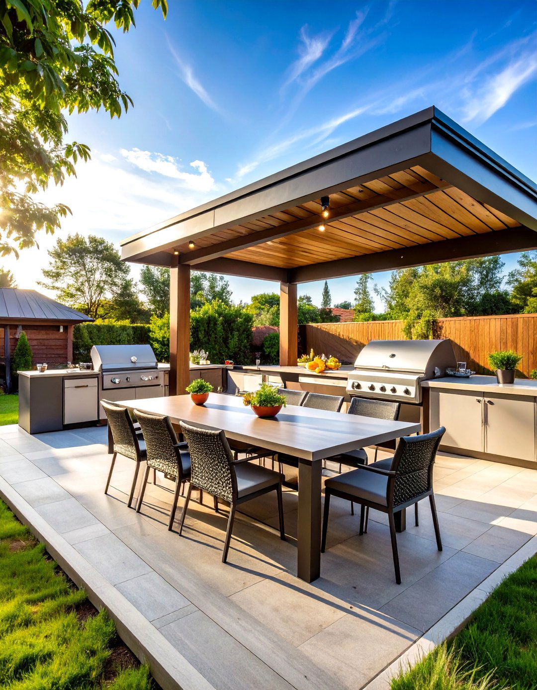 The Sleek Outdoor Kitchen and Dining Area - 30 large backyard landscaping ideas